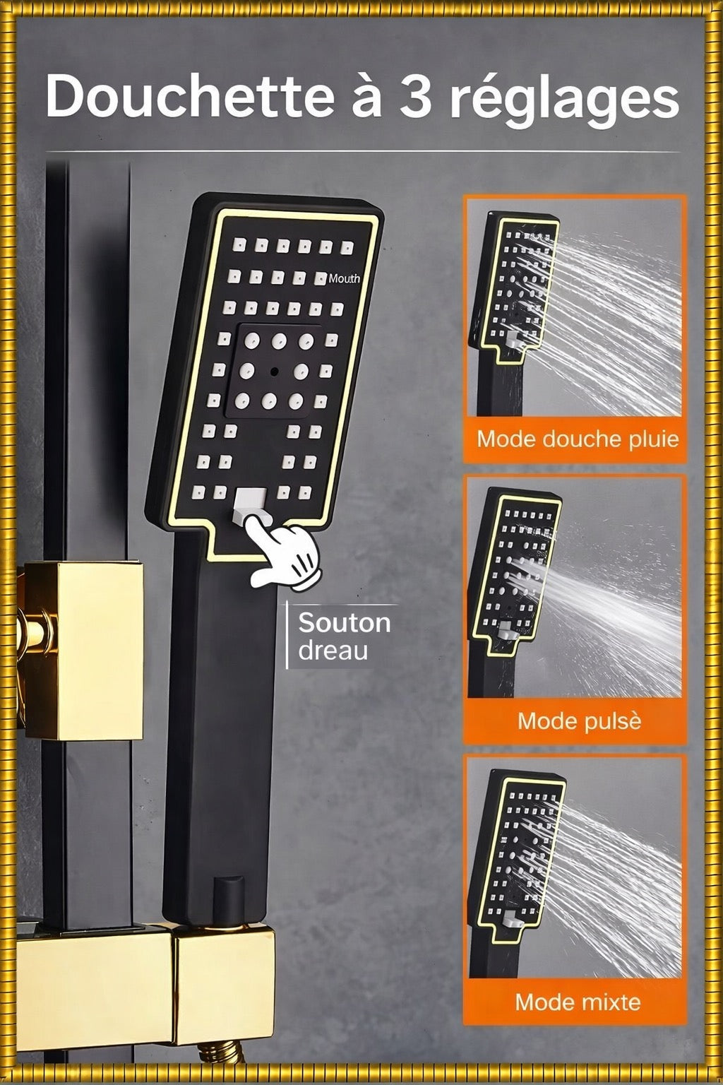 Douche de luxe noir & or - Système intelligent 4 fonctions