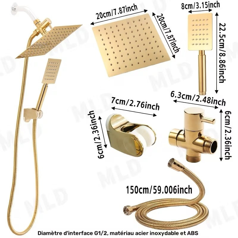 Ensemble de Douche Dorée Carrée Haute Pression – Tuyau Inox 1,5m, Dérivateur 3 Voies & Fixation Murale