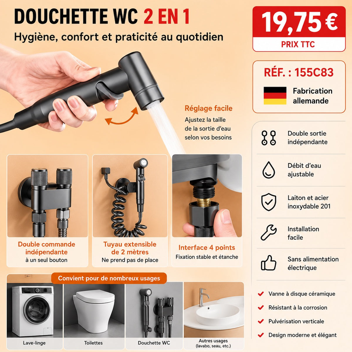 🚿 DOUCHETTE WC MULTIFONCTION 2 EN 1 NOIRE – ROBINET DOUBLE SORTIE –