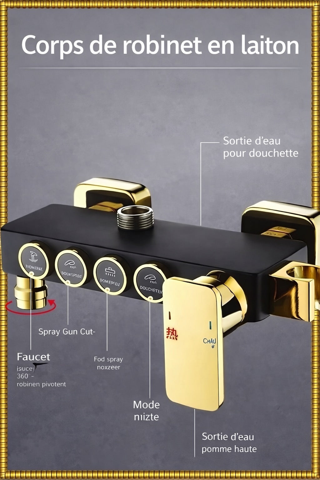 Douche de luxe noir & or - Système intelligent 4 fonctions