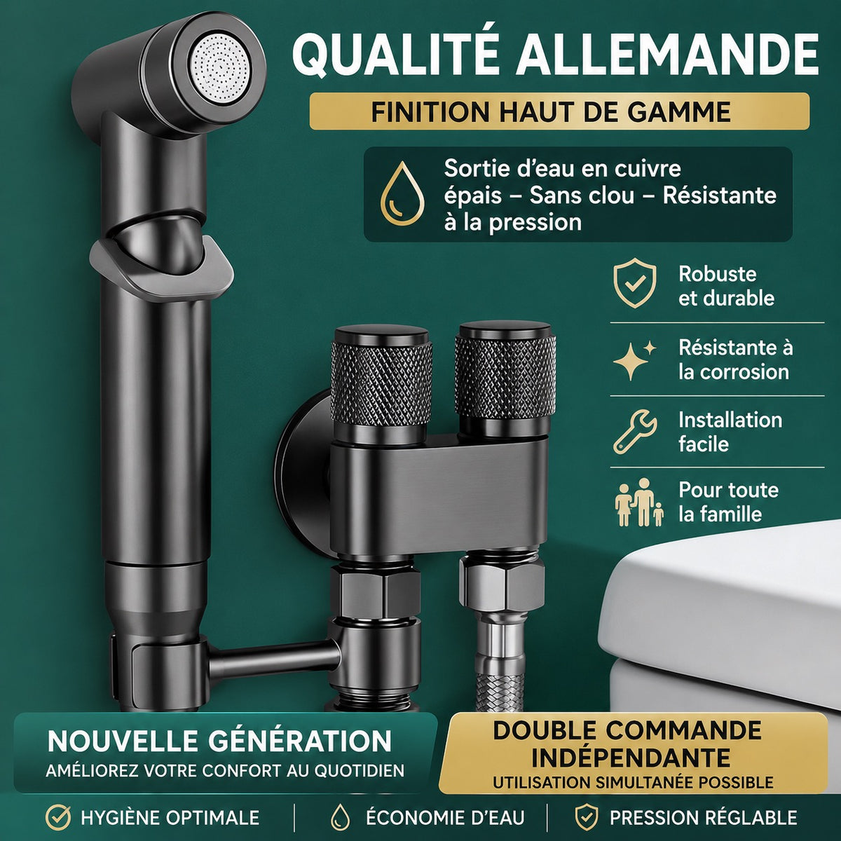 🚿 DOUCHETTE WC MULTIFONCTION 2 EN 1 NOIRE – ROBINET DOUBLE SORTIE –