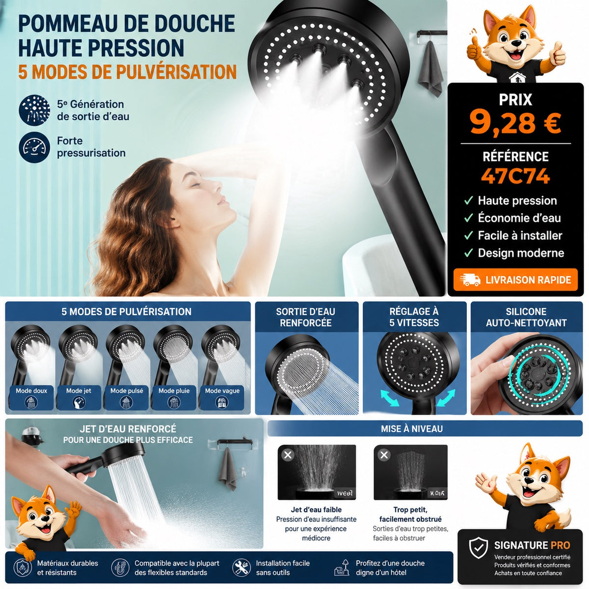 POMMEAU DE DOUCHE HAUTE PRESSION 5 MODES
