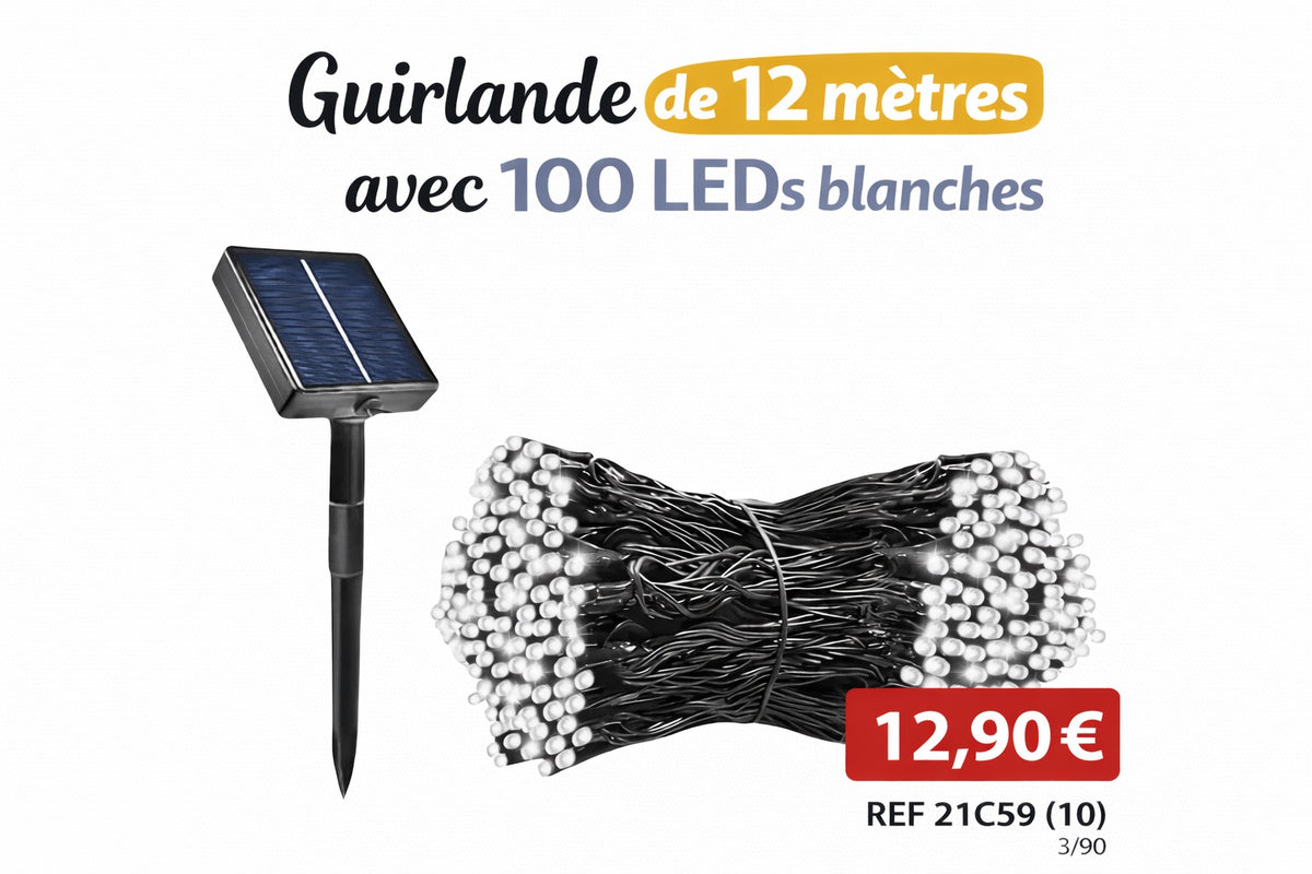 GUIRLANDE SOLAIRE 12 M – 100 LED – EXTÉRIEUR