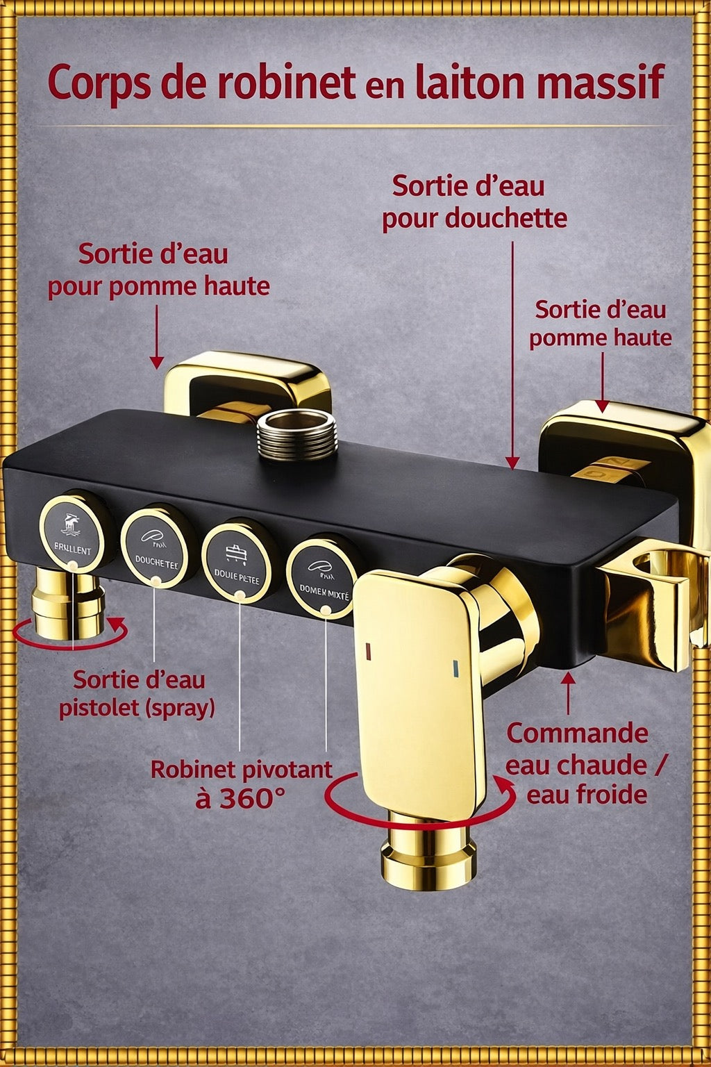 Douche de luxe noir & or - Système intelligent 4 fonctions
