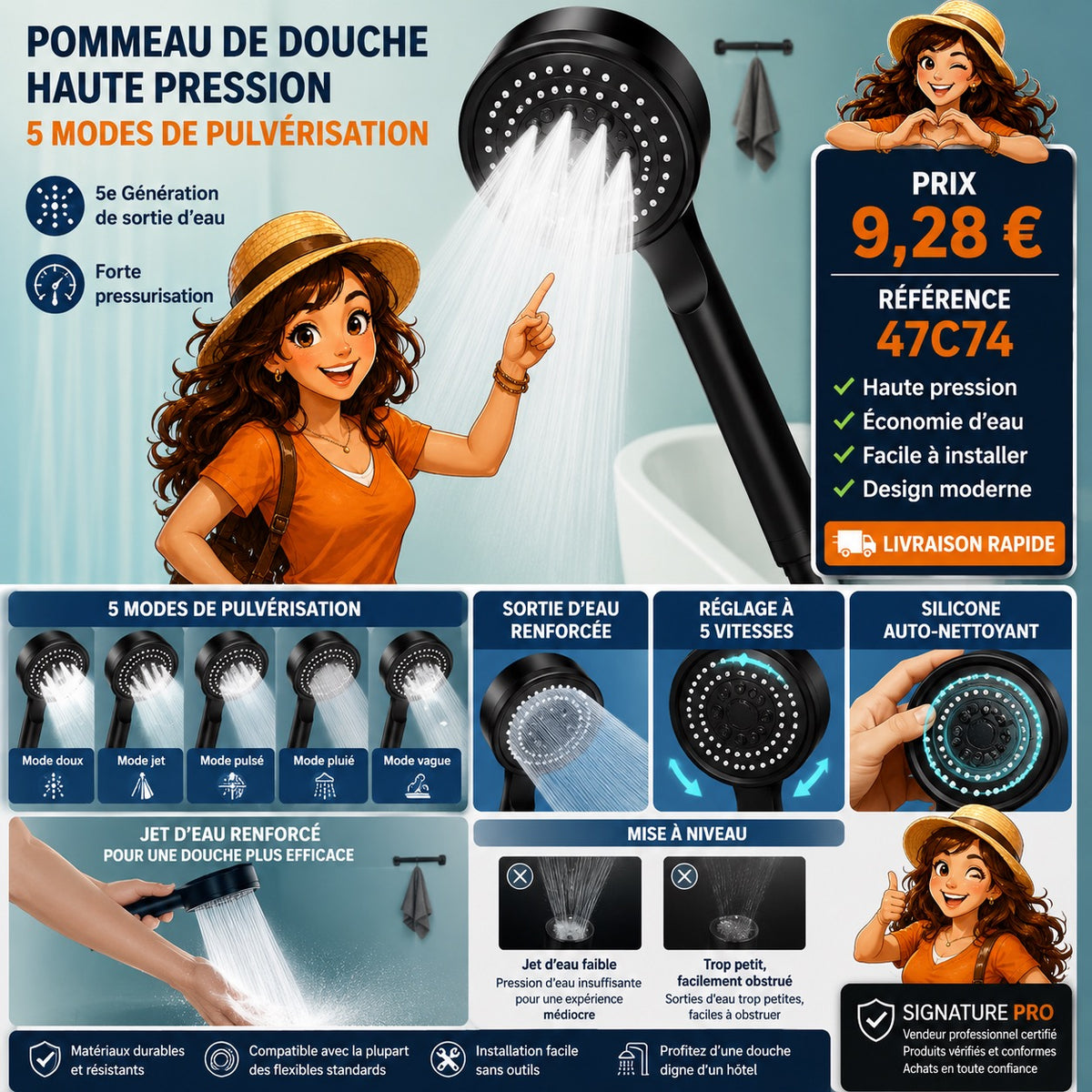 POMMEAU DE DOUCHE HAUTE PRESSION 5 MODES