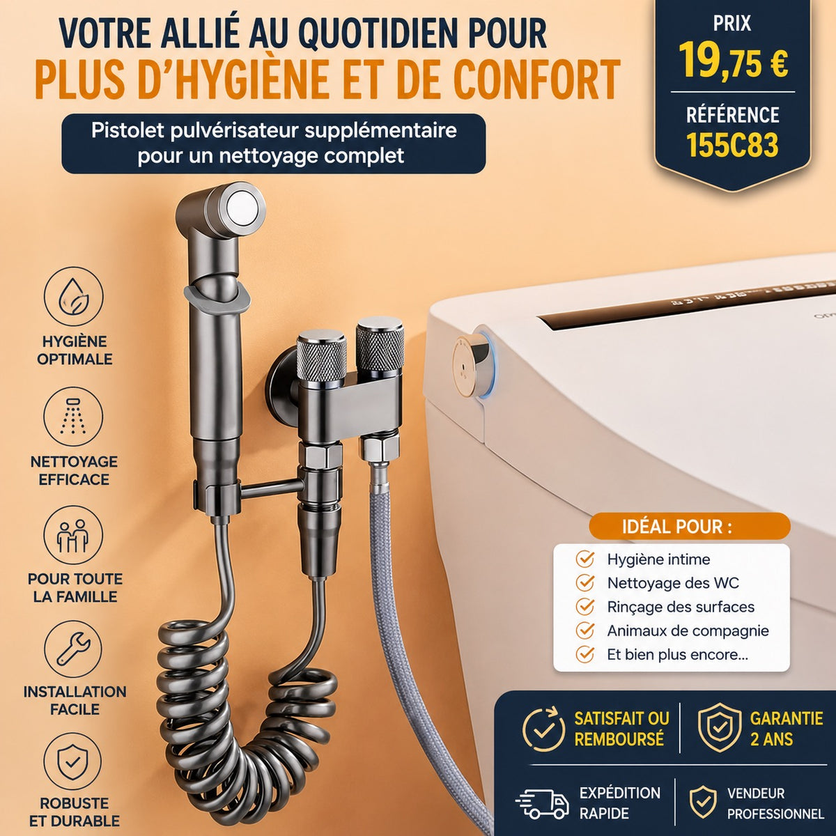 🚿 DOUCHETTE WC MULTIFONCTION 2 EN 1 NOIRE – ROBINET DOUBLE SORTIE –