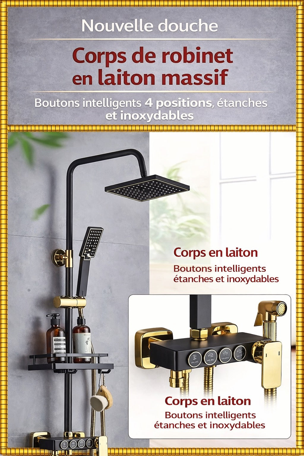 Douche de luxe noir & or - Système intelligent 4 fonctions