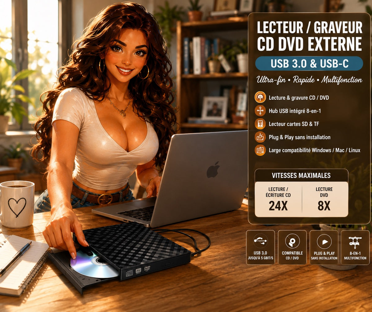✨ LECTEUR  NOIR / GRAVEUR CD DVD EXTERNE USB 3.0 & USB-C ✨
