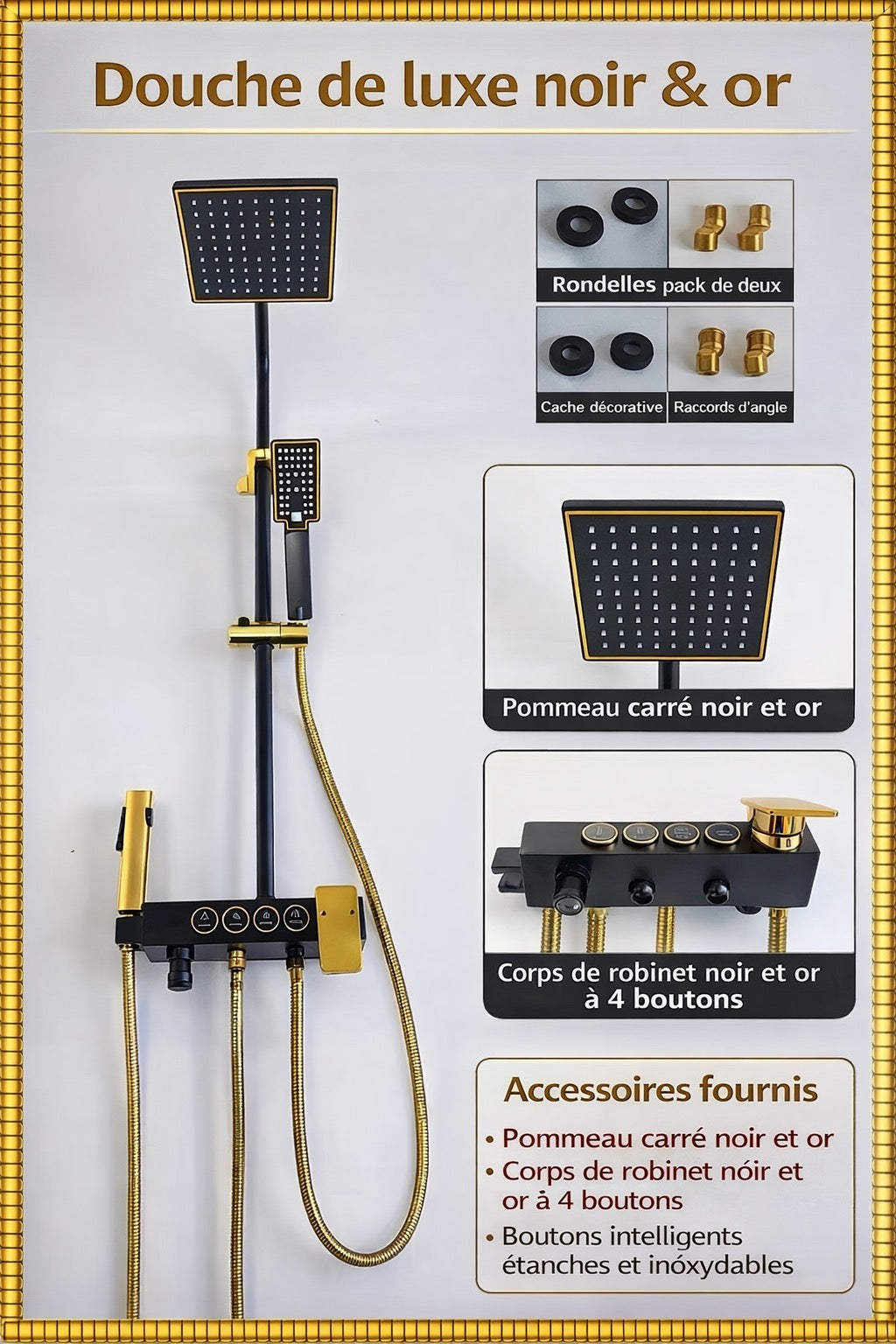 Douche de luxe noir & or - Système intelligent 4 fonctions