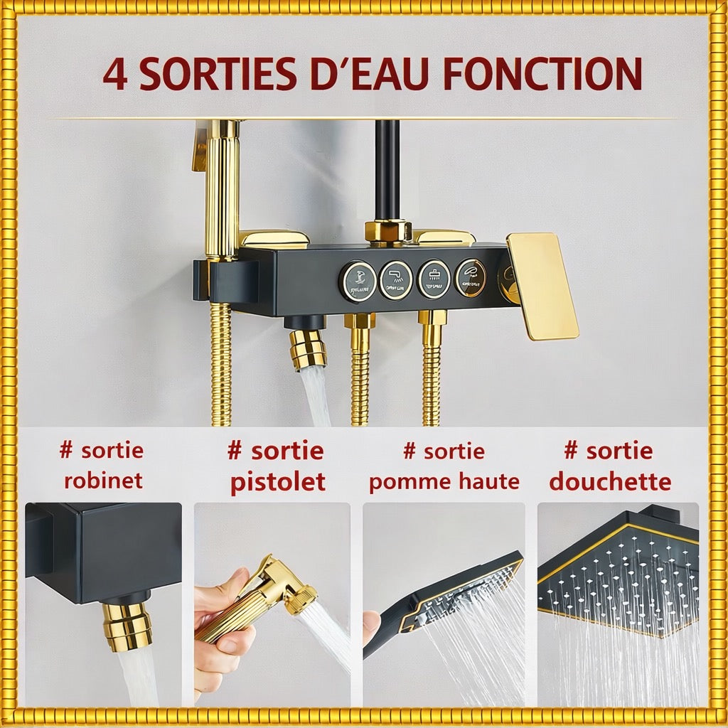 Douche de luxe noir & or - Système intelligent 4 fonctions