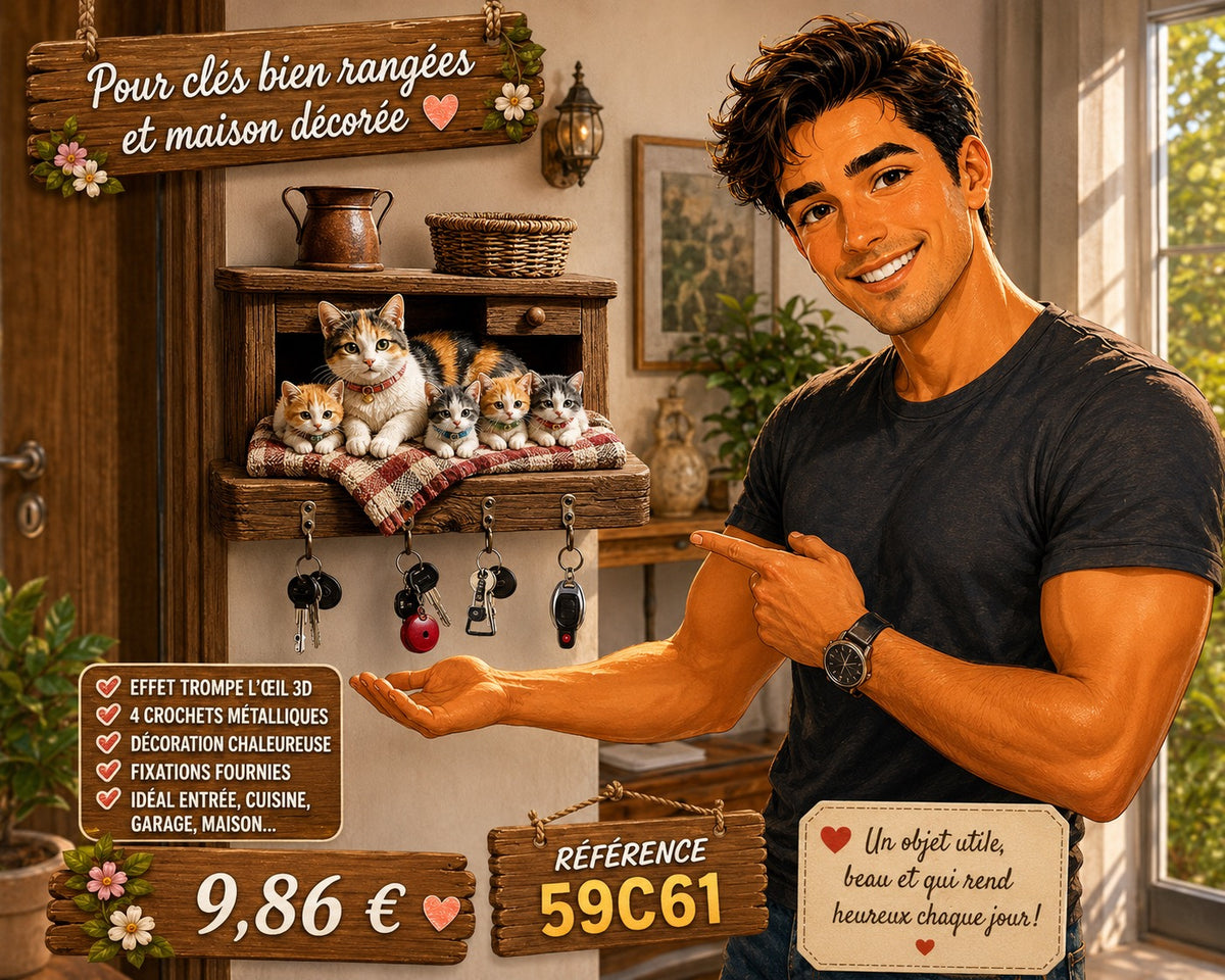 ÉTAGÈRE À CLÉS MURALE – FAMILLE DE CHATS EN TROMPE-L’ŒIL 3D 🐱✨
