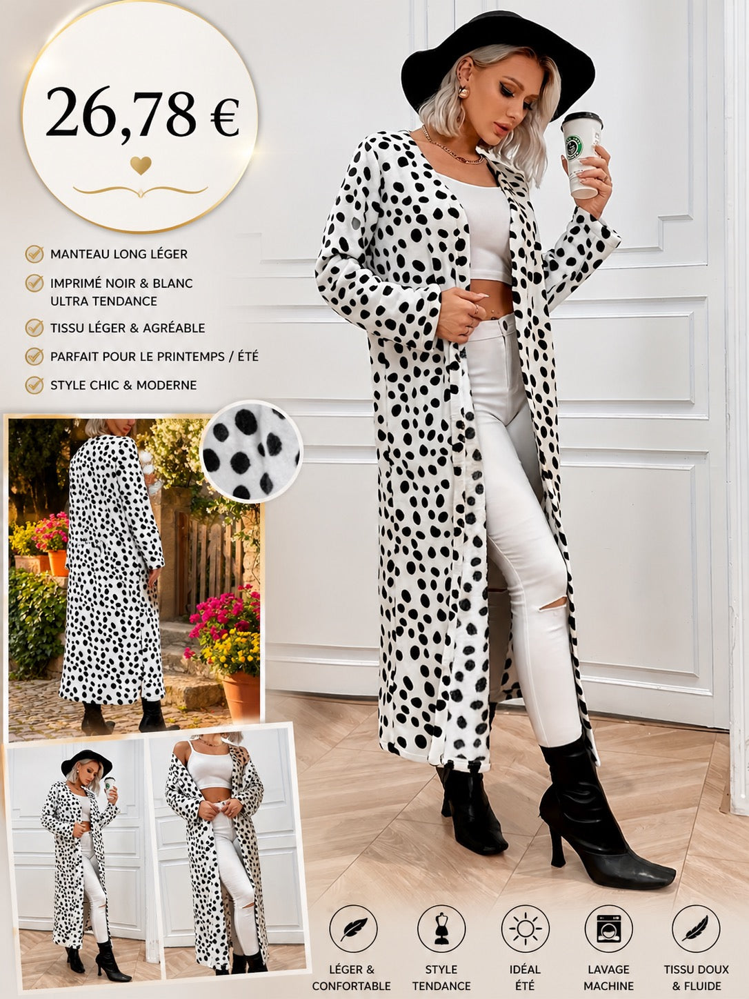 MANTEAU LONG NOIR/ BLANC STYLE DALMATIEN –