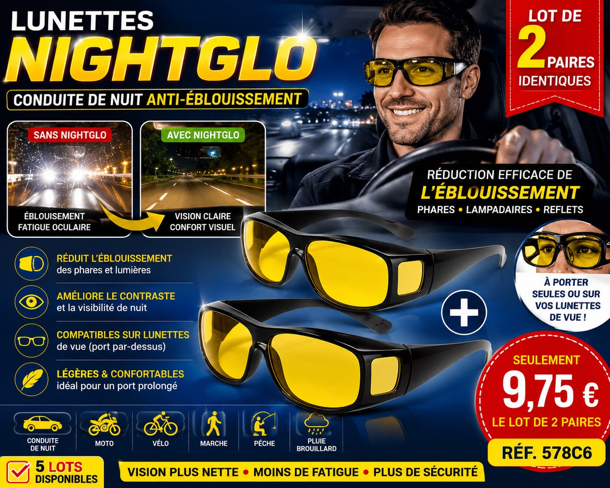 🕶️ LOT DE 2 PAIRES DE LUNETTES NIGHTGLO ANTI-ÉBLOUISSEMENT – CONDUITE DE NUIT Réf. 578C6