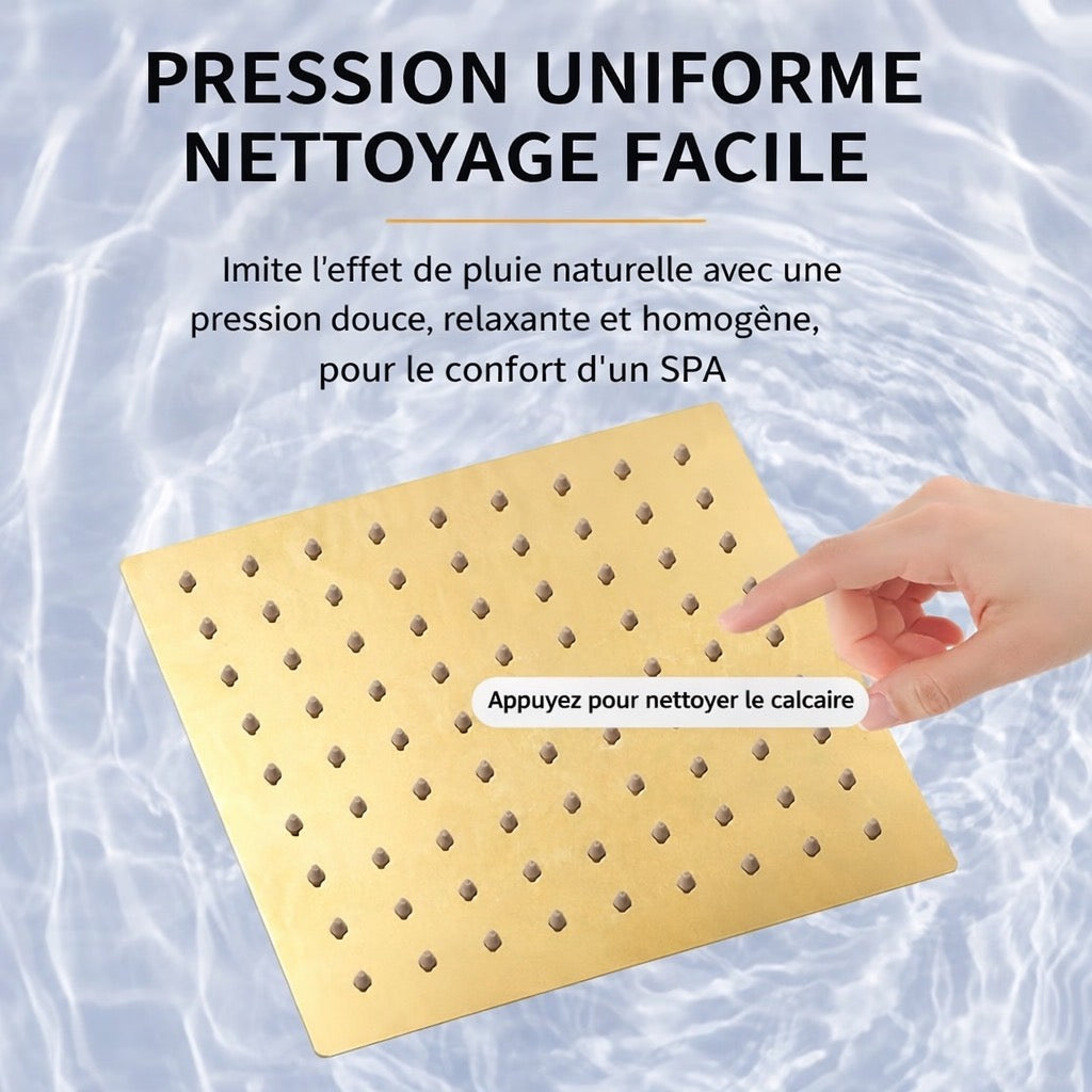 Ensemble de Douche Dorée Carrée Haute Pression – Tuyau Inox 1,5m, Dérivateur 3 Voies & Fixation Murale
