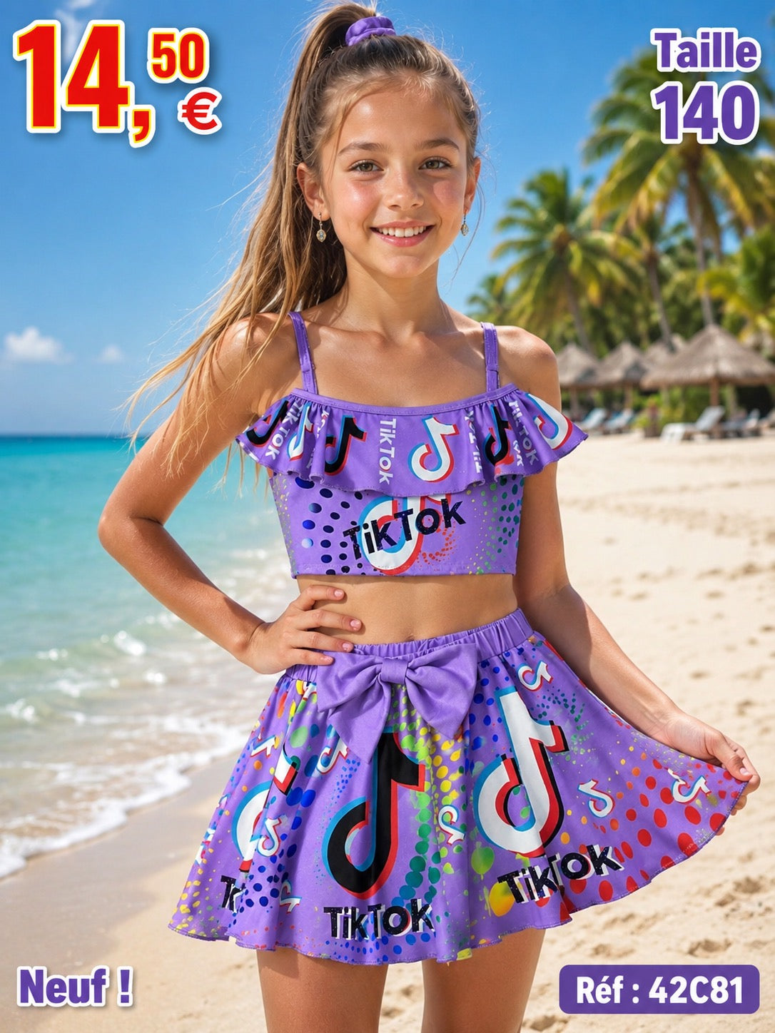 🌸 Ensemble de bain 2 pièces TikTok® pour fillette – Taille 140 – Neuf