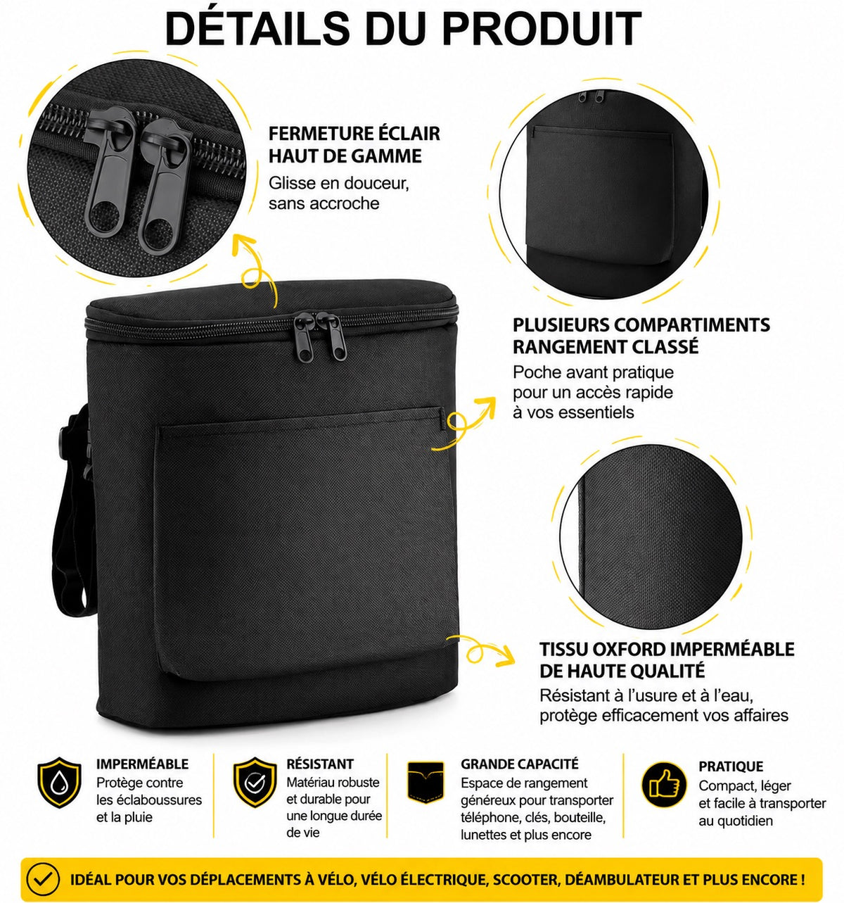 🚲 Sac de Guidon Multifonction Grande Capacité – Imperméable et Amovible
