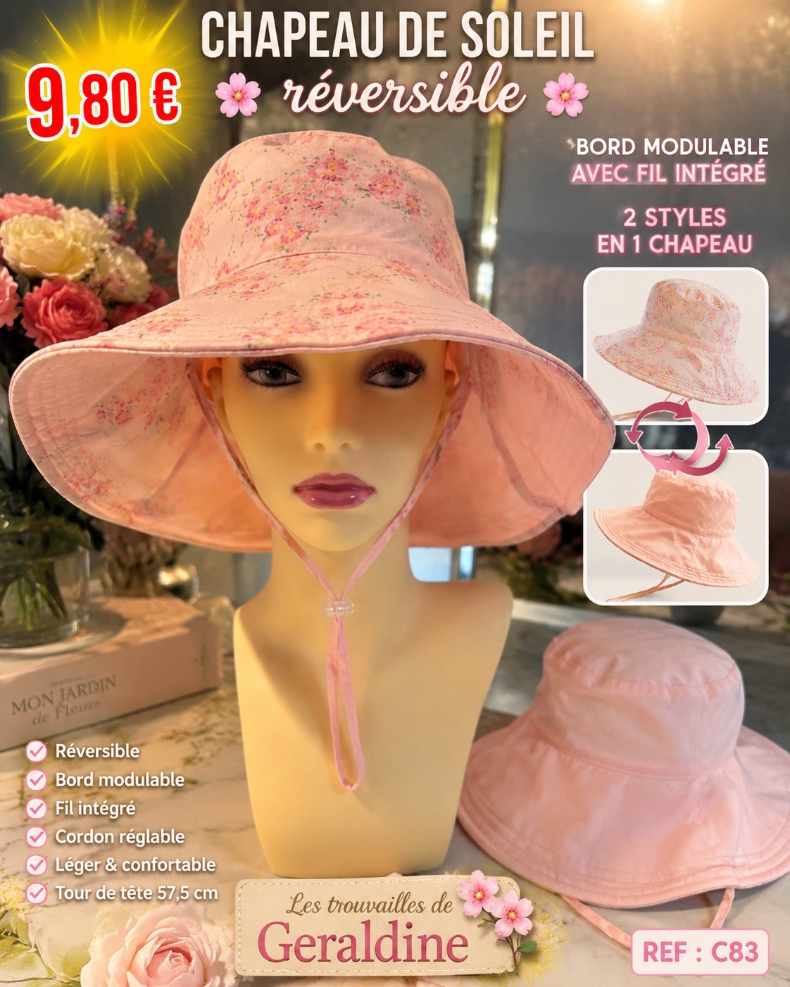 🌸 Chapeau de soleil réversible Kenmont – Bord modulable avec fil intégré