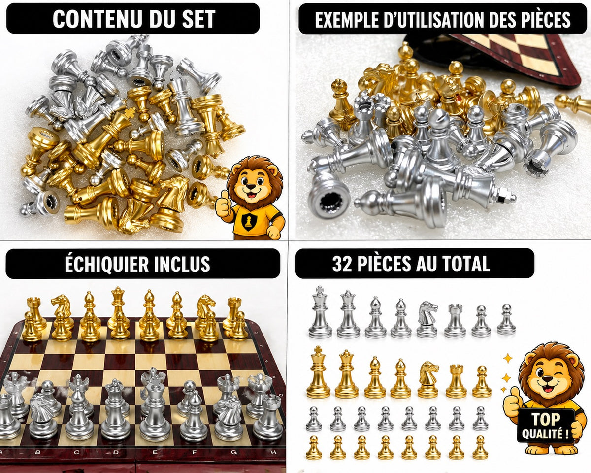 SET ÉCHECS LUXE OR ARGENT + TAPIS EN TISSU