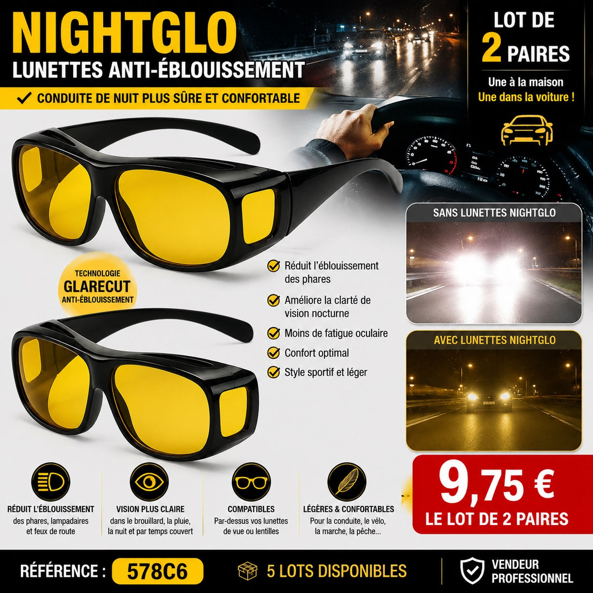 🕶️ LOT DE 2 PAIRES DE LUNETTES NIGHTGLO ANTI-ÉBLOUISSEMENT – CONDUITE DE NUIT Réf. 578C6