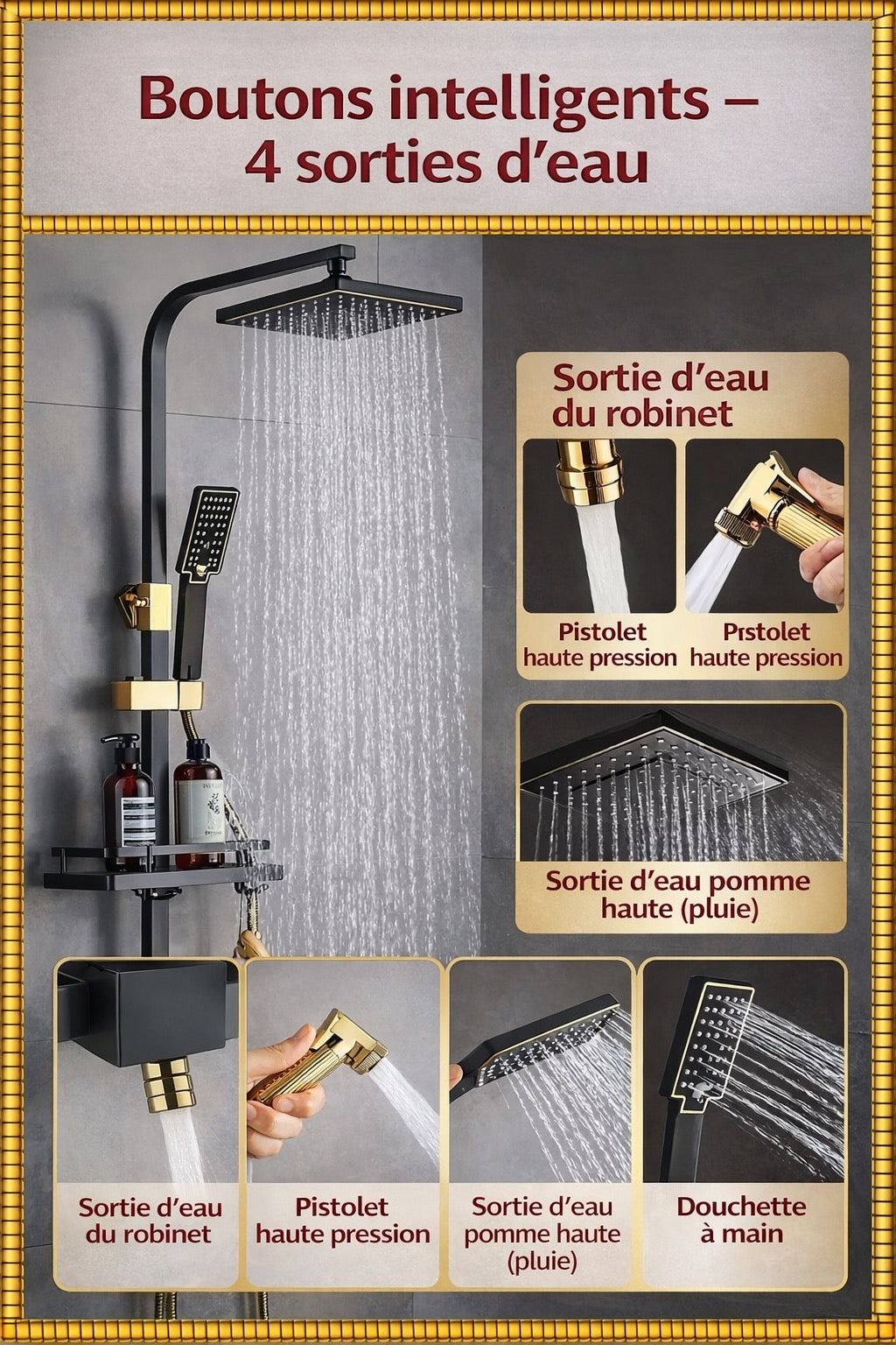 Douche de luxe noir & or - Système intelligent 4 fonctions