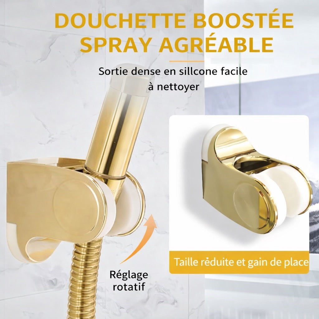 Ensemble de Douche Dorée Carrée Haute Pression – Tuyau Inox 1,5m, Dérivateur 3 Voies & Fixation Murale