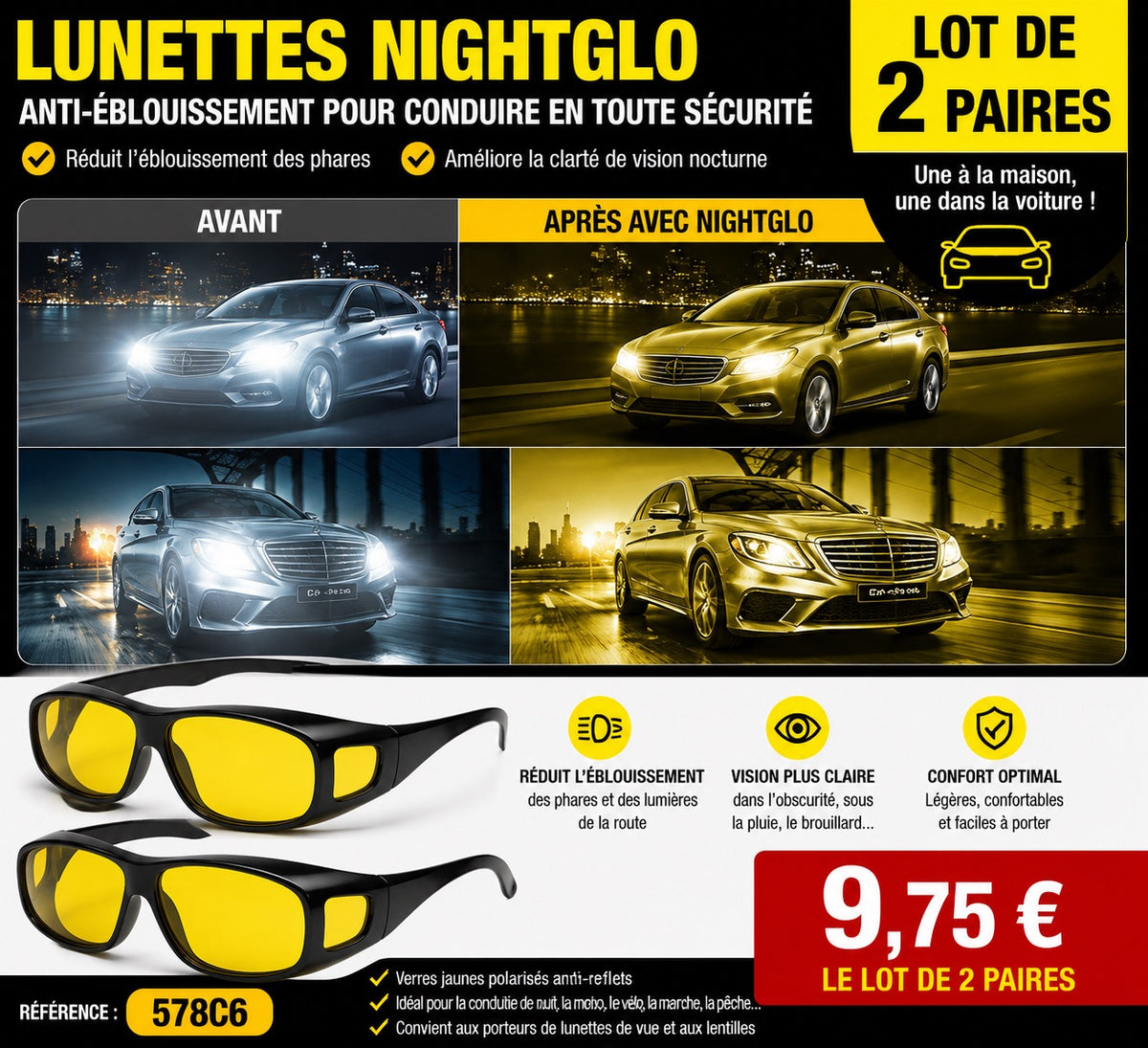 🕶️ LOT DE 2 PAIRES DE LUNETTES NIGHTGLO ANTI-ÉBLOUISSEMENT – CONDUITE DE NUIT Réf. 578C6
