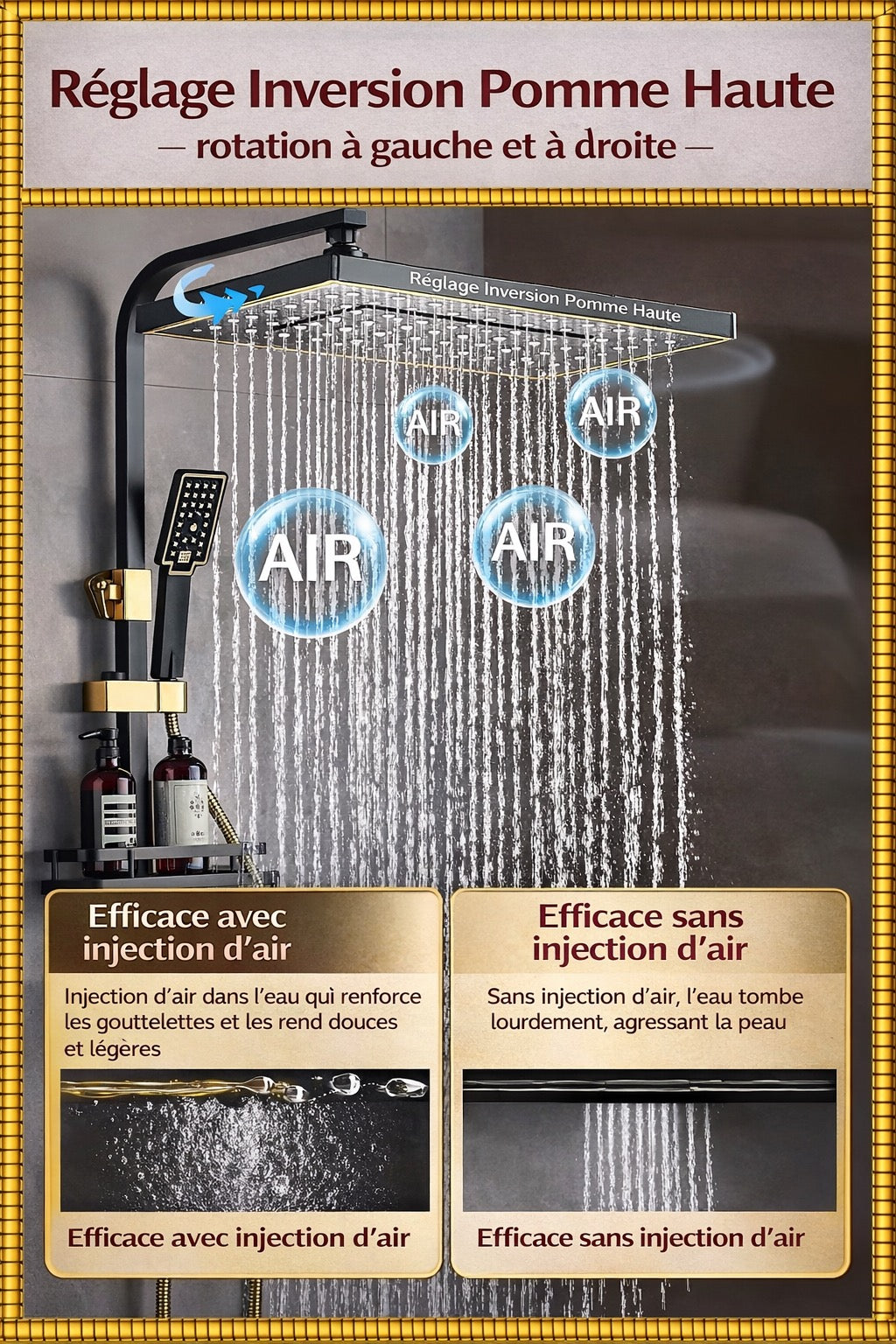 Douche de luxe noir & or - Système intelligent 4 fonctions