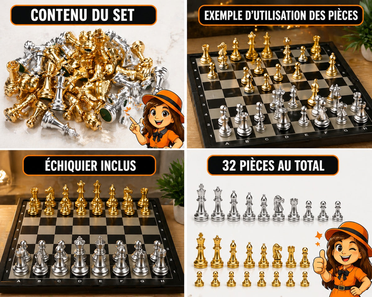 SET ÉCHECS LUXE OR ARGENT + TAPIS EN TISSU