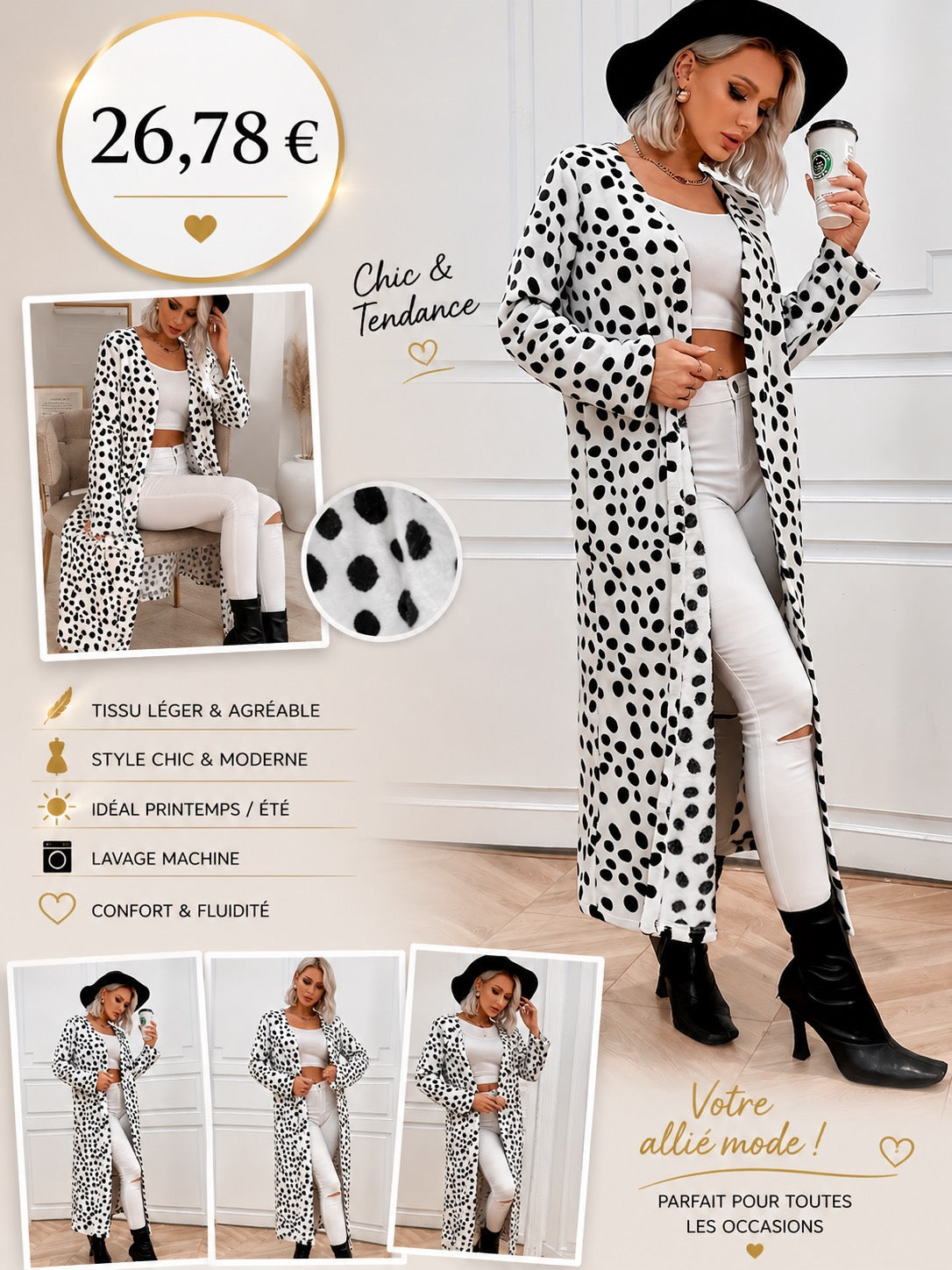 MANTEAU LONG NOIR/ BLANC STYLE DALMATIEN –