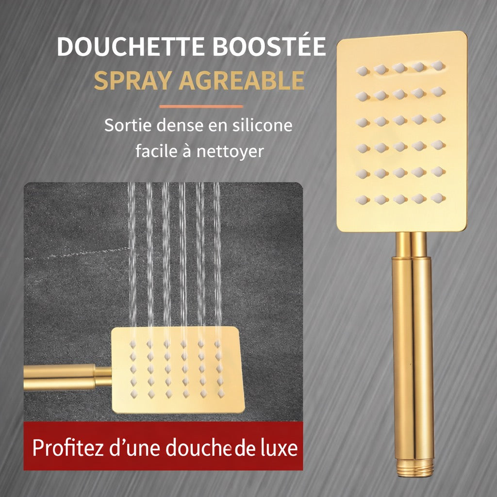 Ensemble de Douche Dorée Carrée Haute Pression – Tuyau Inox 1,5m, Dérivateur 3 Voies & Fixation Murale