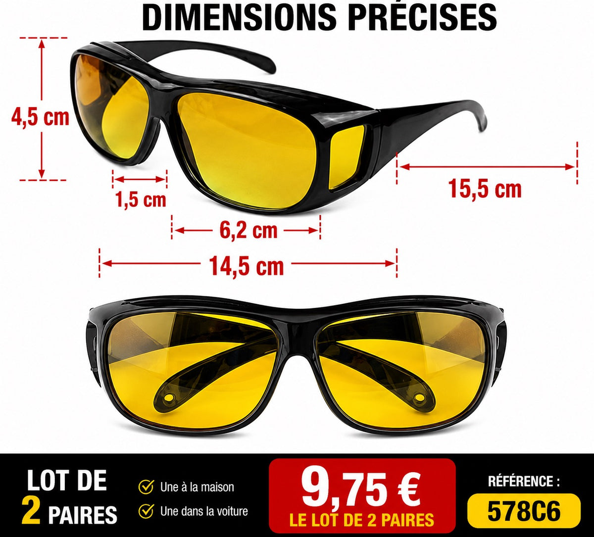 🕶️ LOT DE 2 PAIRES DE LUNETTES NIGHTGLO ANTI-ÉBLOUISSEMENT – CONDUITE DE NUIT Réf. 578C6