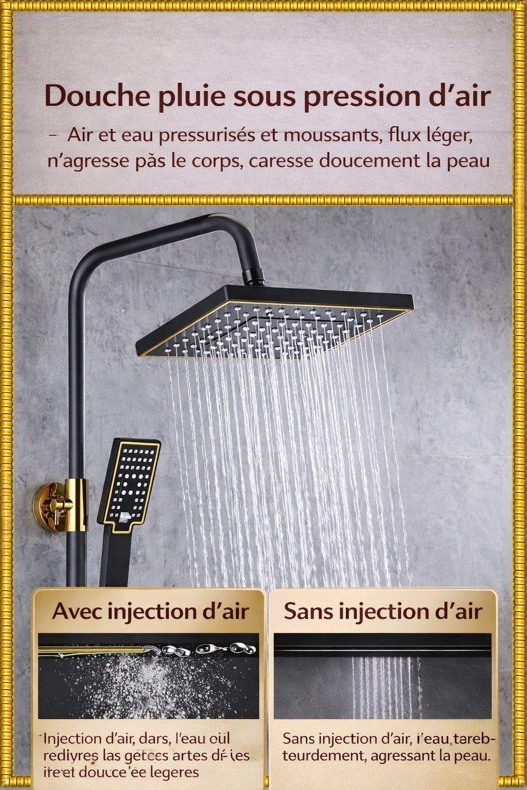 Douche de luxe noir & or - Système intelligent 4 fonctions