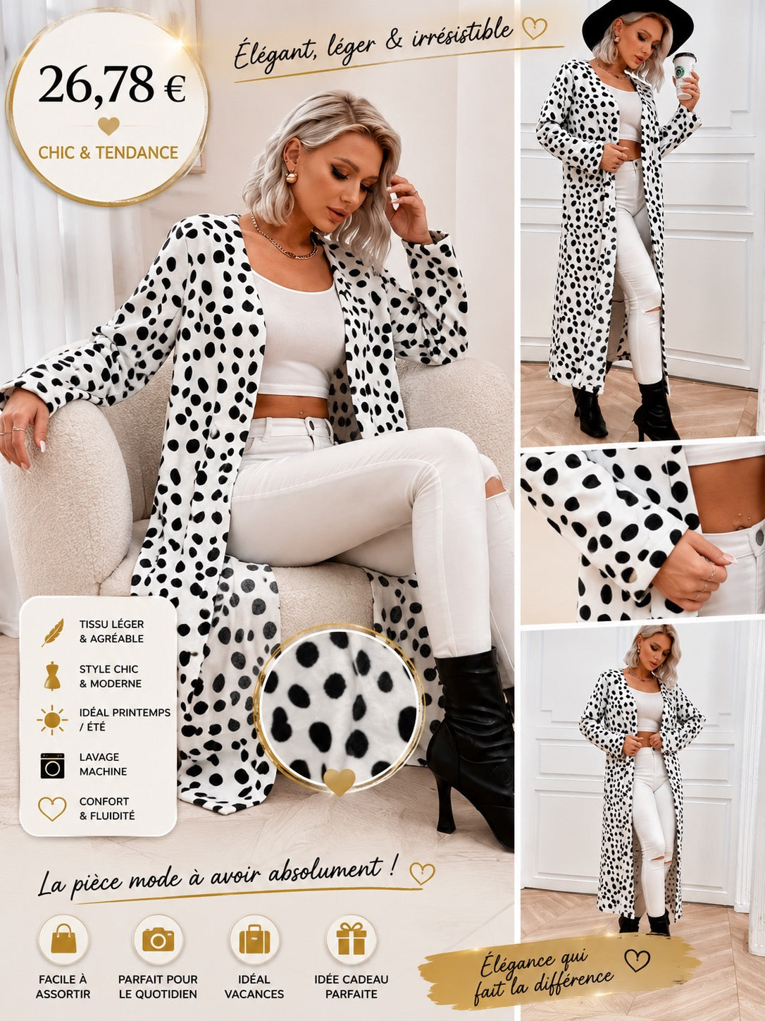 MANTEAU LONG NOIR/ BLANC STYLE DALMATIEN –