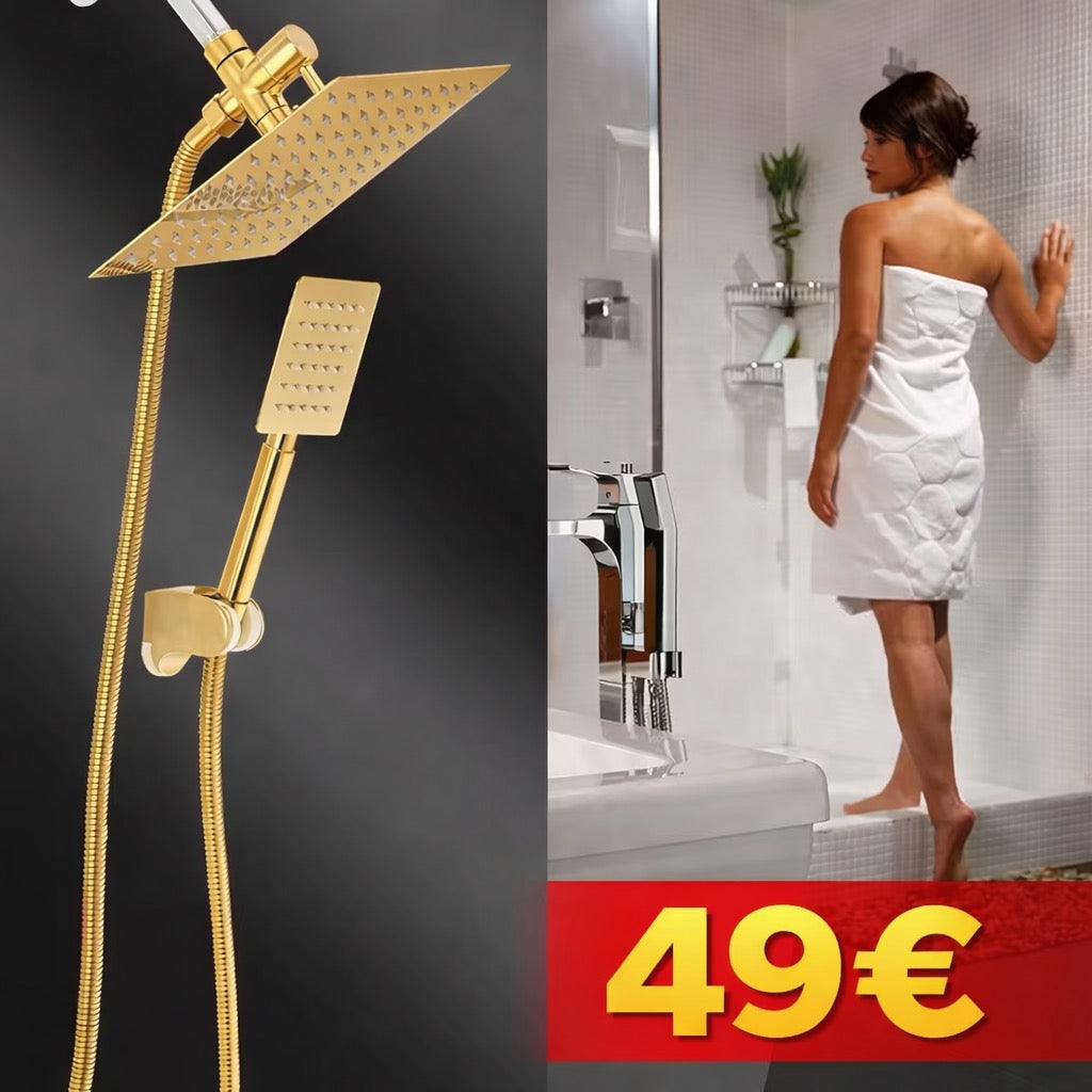 Ensemble de Douche Dorée Carrée Haute Pression – Tuyau Inox 1,5m, Dérivateur 3 Voies & Fixation Murale
