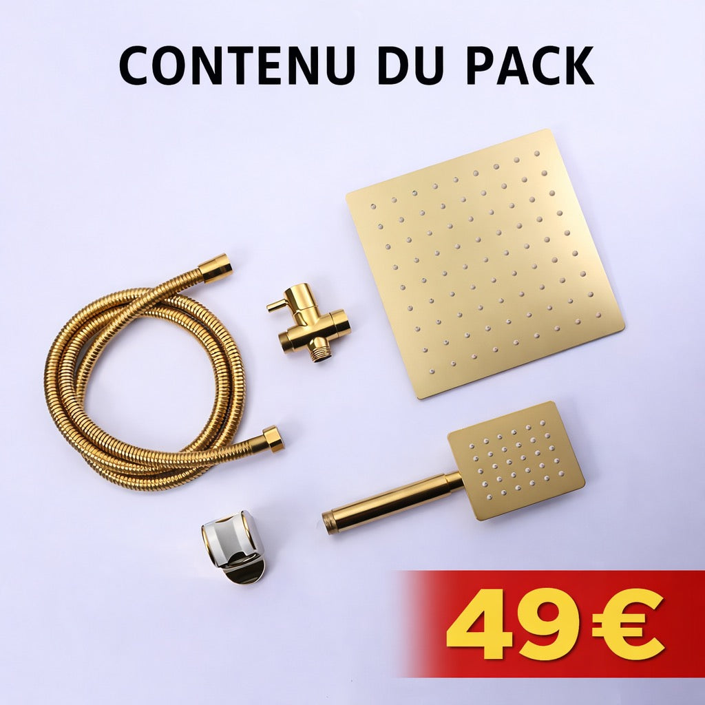 Ensemble de Douche Dorée Carrée Haute Pression – Tuyau Inox 1,5m, Dérivateur 3 Voies & Fixation Murale