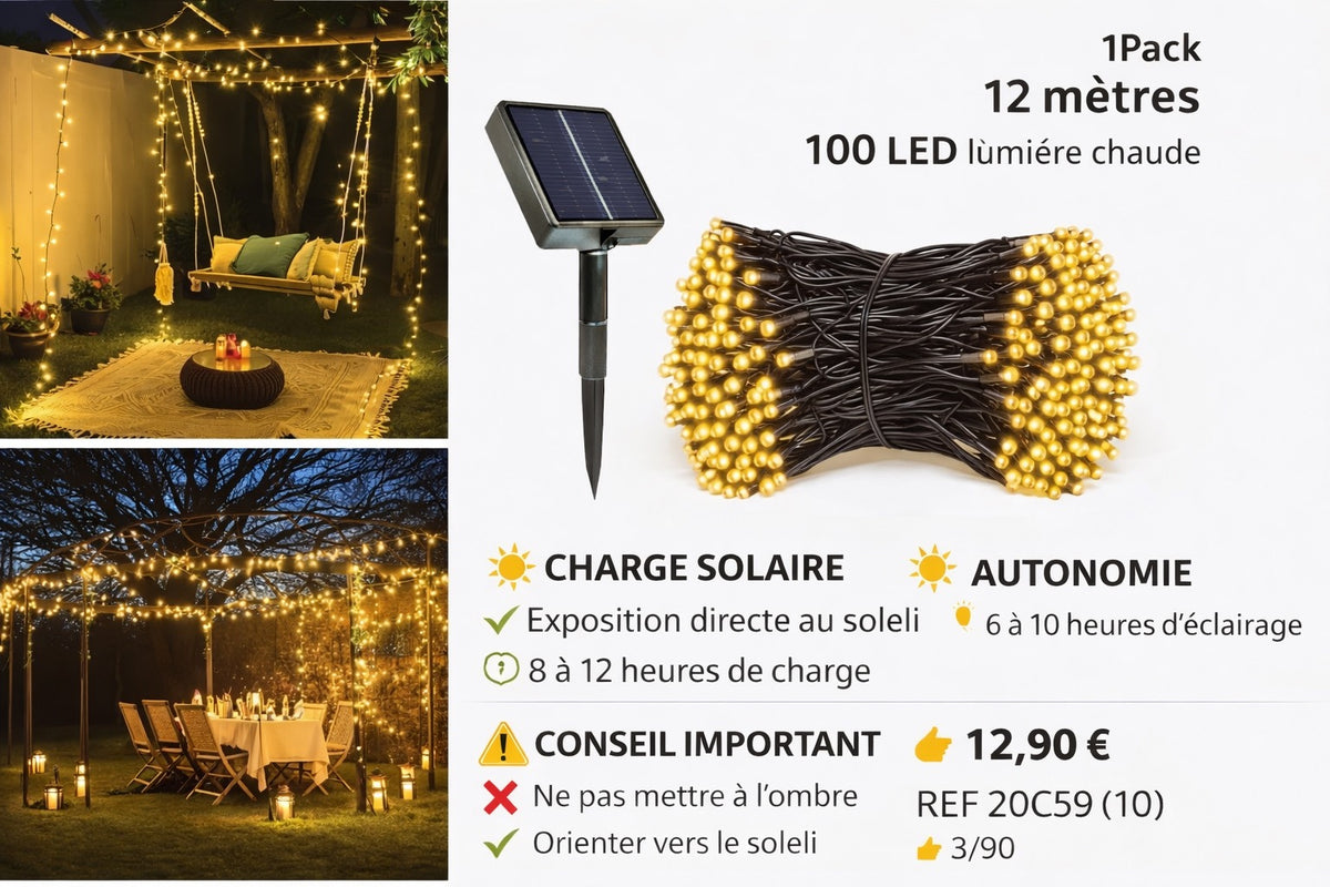 GUIRLANDE SOLAIRE JAUNE CHAUD – 12 M