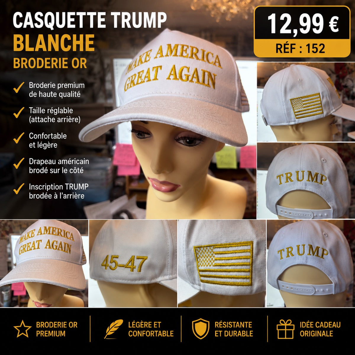 🧢 CASQUETTE BLANCHE « MAKE AMERICA GREAT AGAIN » – BRODERIE OR PREMIUM