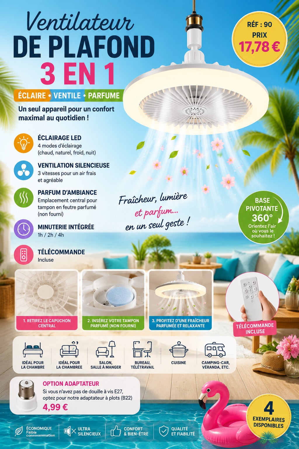 VENTILATEUR DE PLAFOND LED 3 EN 1 AVEC TÉLÉCOMMANDE