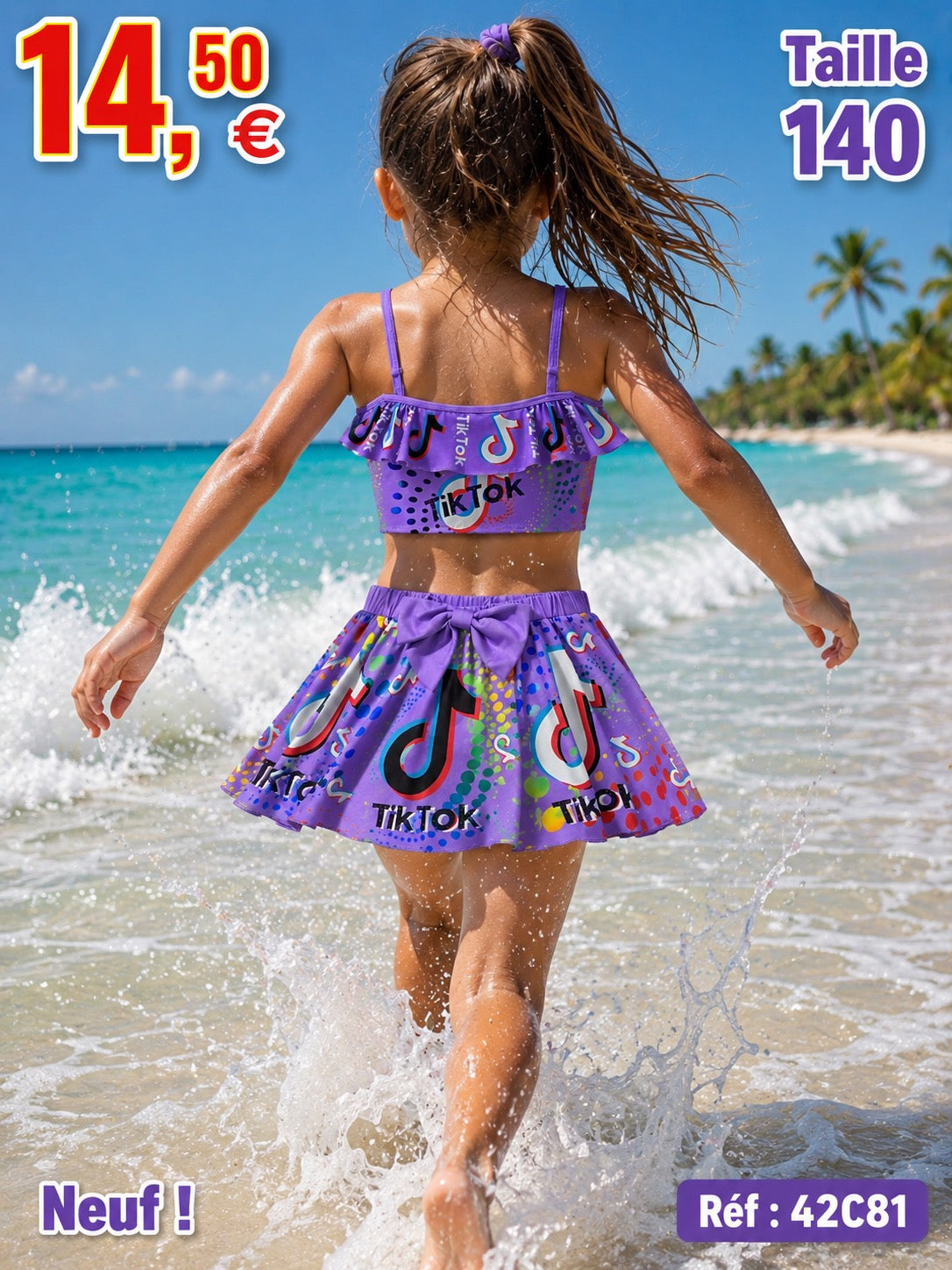 🌸 Ensemble de bain 2 pièces TikTok® pour fillette – Taille 140 – Neuf