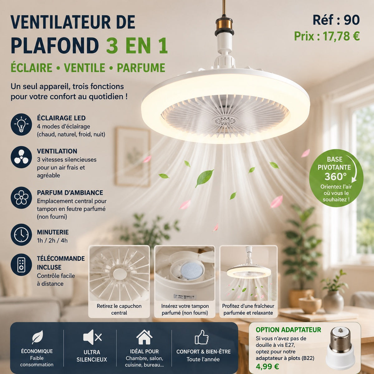 VENTILATEUR DE PLAFOND LED 3 EN 1 AVEC TÉLÉCOMMANDE