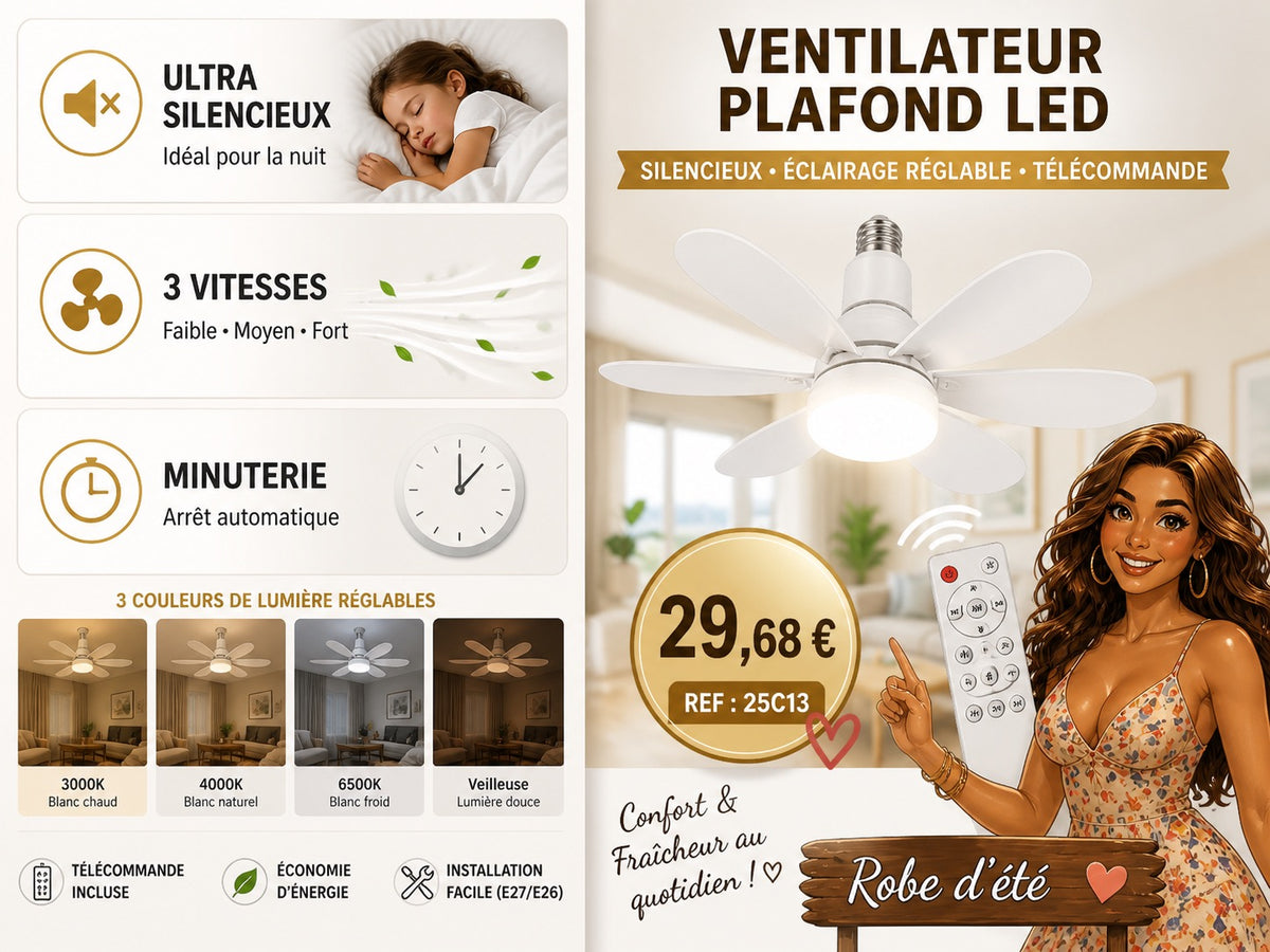 Ventilateur de Plafond LED avec Télécommande — Silencieux, 6 Pales, 3 Vitesses
