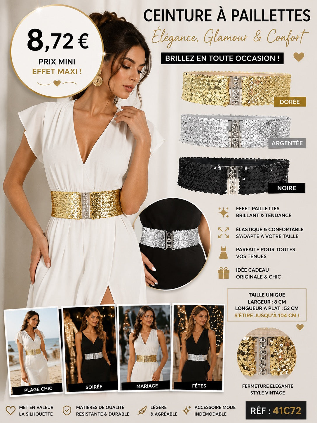 CEINTURE ÉLASTIQUE À PAILLETTES – STYLE GLAMOUR EFFET WOW ✨