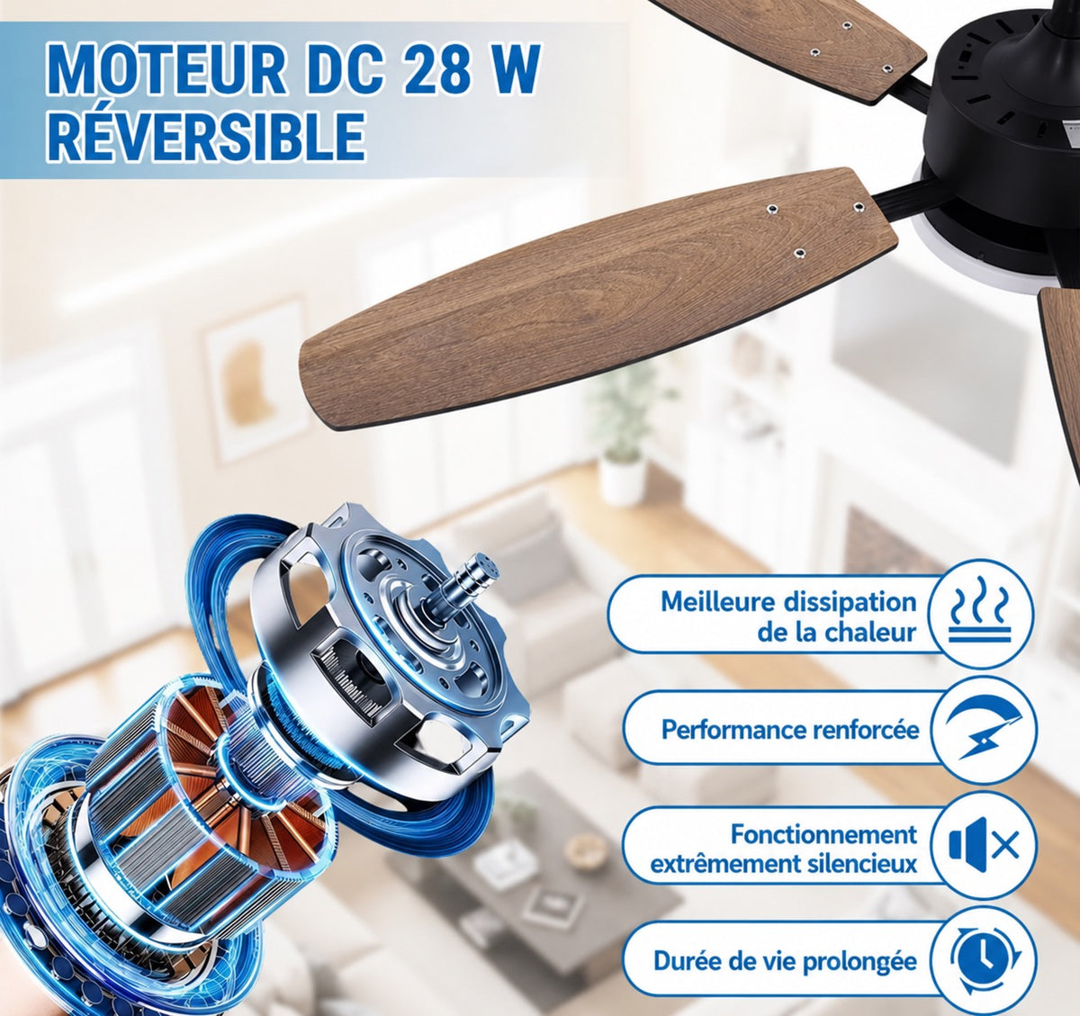 🌬️ Ventilateur de plafond HOMEFIRE 110 cm avec éclairage LED – Moteur DC silencieux réversible – 5 pales double face –