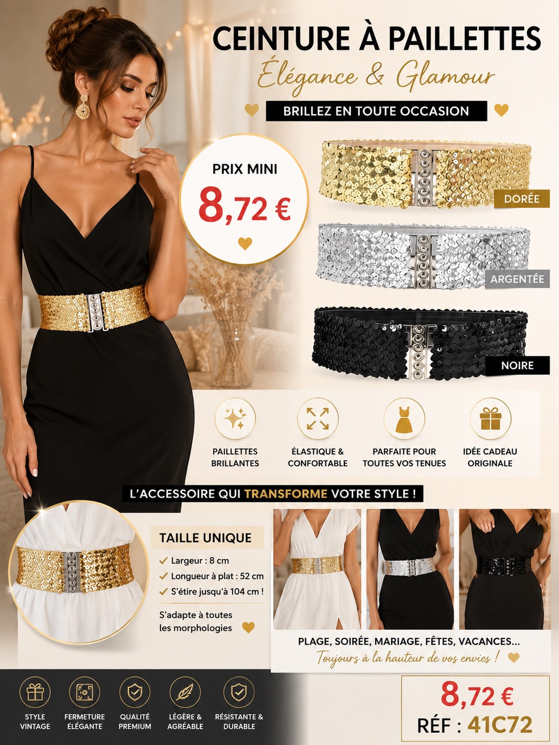 CEINTURE ÉLASTIQUE À PAILLETTES – STYLE GLAMOUR EFFET WOW ✨