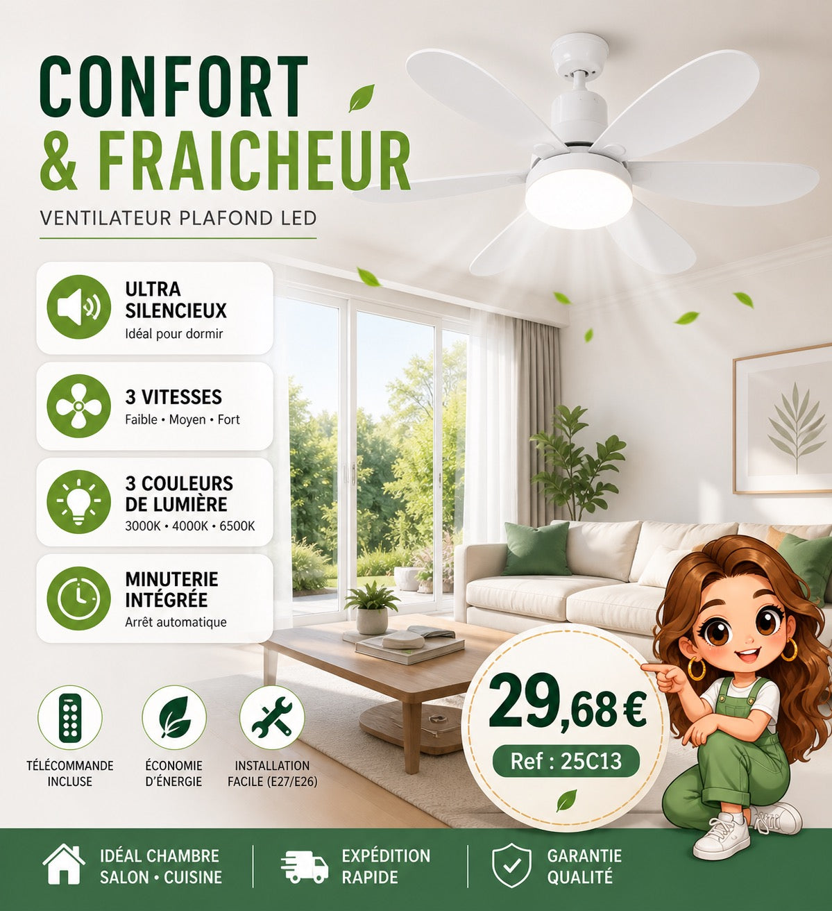 Ventilateur de Plafond LED avec Télécommande — Silencieux, 6 Pales, 3 Vitesses