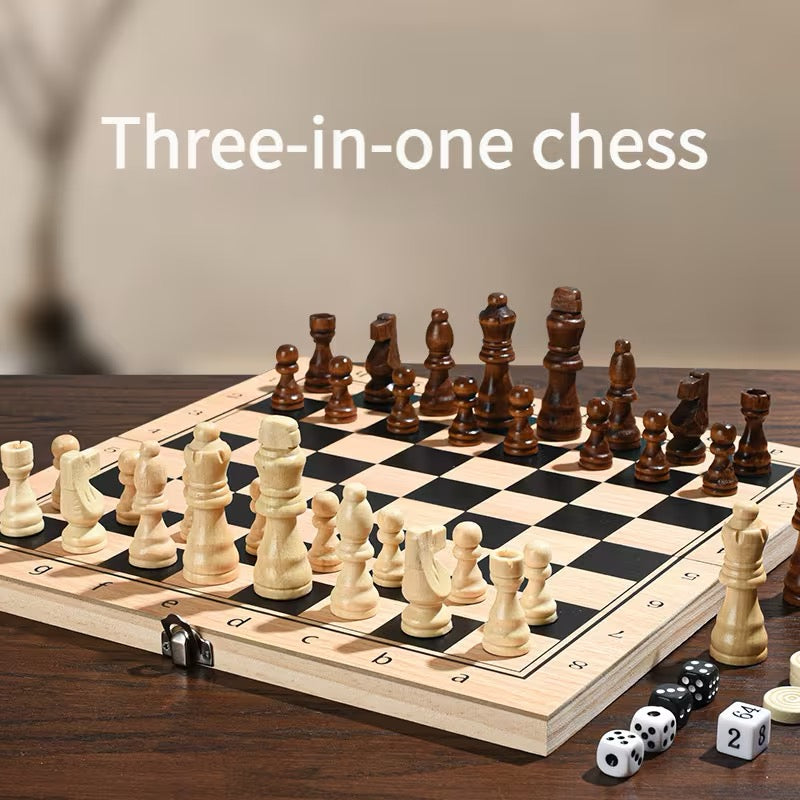 ENSEMBLE ÉCHECS 3-EN-1 EN BOIS – ÉCHECS ♟️ DAMES ⚪⚫ BACKGAMMON 🎲 ✨