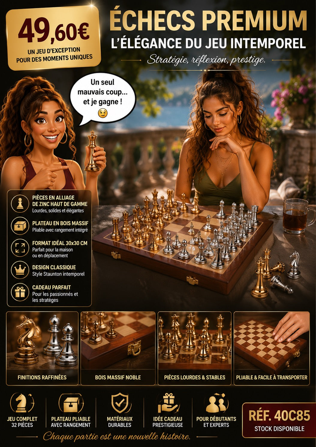 ♟️ Jeu d'Échecs Prestige 30 × 30 cm – Pièces Métal Massif & Coffret Bois Pliable