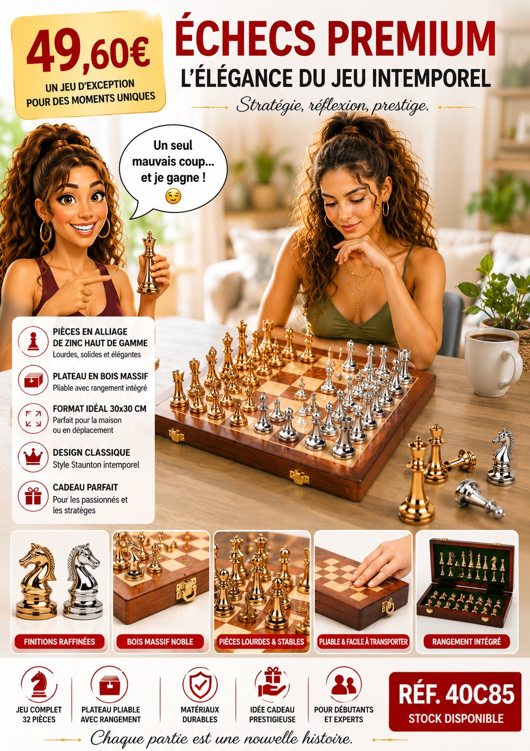 ♟️ Jeu d'Échecs Prestige 30 × 30 cm – Pièces Métal Massif & Coffret Bois Pliable