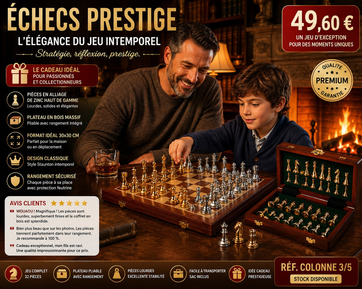 ♟️ Jeu d'Échecs Prestige 30 × 30 cm – Pièces Métal Massif & Coffret Bois Pliable