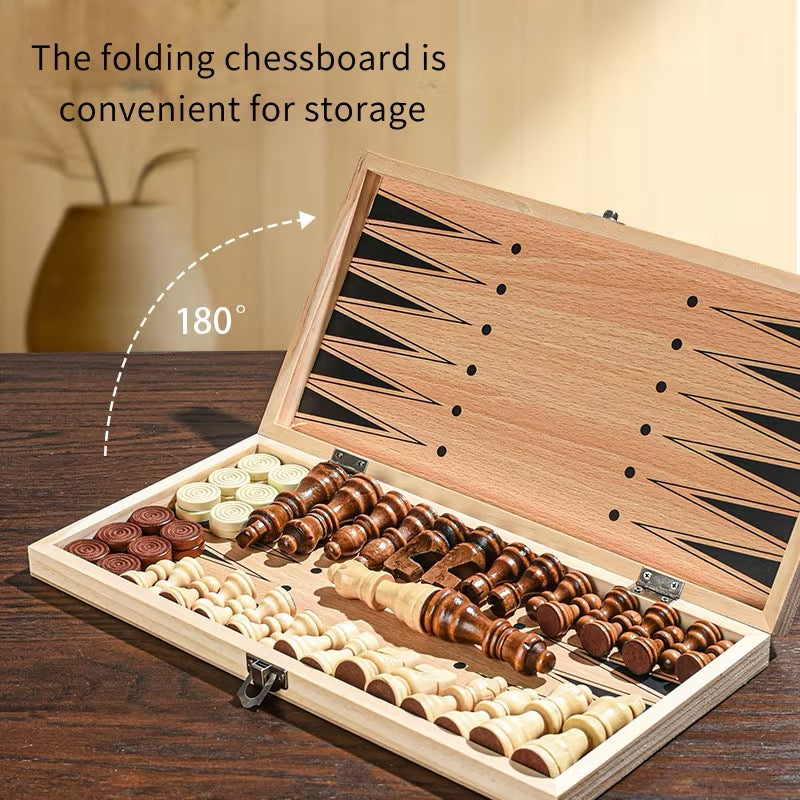 ENSEMBLE ÉCHECS 3-EN-1 EN BOIS – ÉCHECS ♟️ DAMES ⚪⚫ BACKGAMMON 🎲 ✨